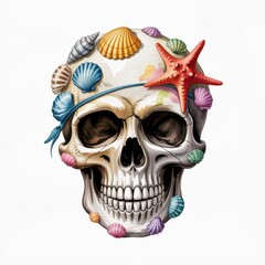 Colorful Skeleton Adorned With Seashells and Starfish in a Whimsical Coastal Design