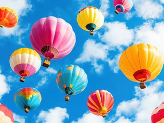 Obraz premium Colorful Hot Air Balloons Floating in Bright Blue Sky with Clouds