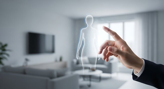 A person's hand interacts with a luminous female avatar hologram. Futuristic smart home technology concept with augmented reality.