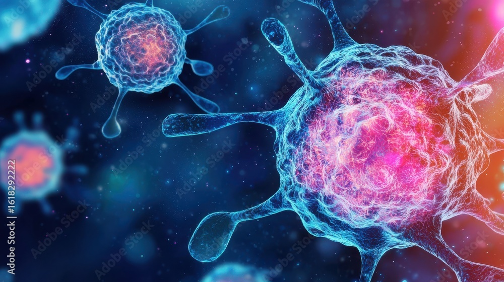 Poster a highly detailed abstract rendering of a microscopic cell structure set against a vibrant futuristi