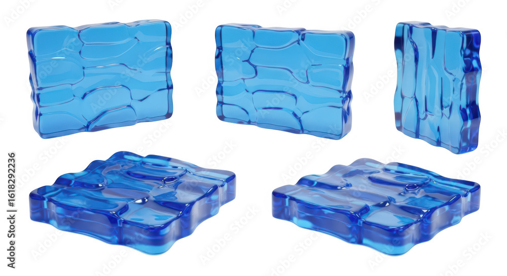Poster transparent blue water blocks in varying orientations reflecting light against a blurred white backg