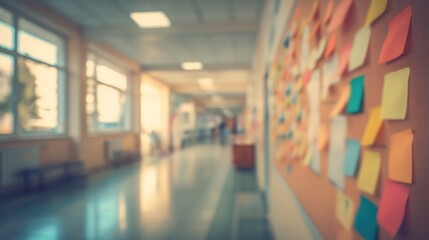 Blurred school hallway with sticky notes