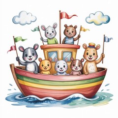 Animals Joyfully Sailing on a Colorful Boat in a Cheerful Outdoor Setting