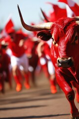 Running Bulls in Red Costumes During a Festive Event Celebration