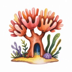 Whimsical Watercolor Illustration of a Colorful Tree With a Hidden Entrance Surrounded by Vibrant Plants