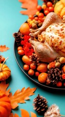 Festive Thanksgiving Turkey Surrounded by Autumn Decorations and Colors