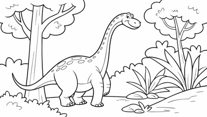 Vector Cartoon funny Diplodocus, funny image in the forest, Coloring book page for children. Line Art isolated on white background