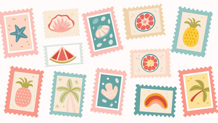 Collection of Summer Themed Postage Stamps with Tropical Fruits and Beach Elements Illustrations © PUNNABEGUM