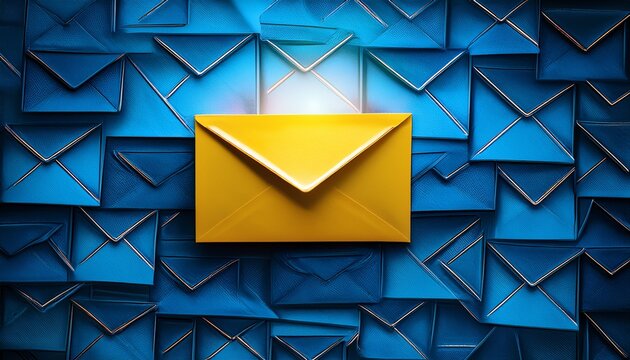 bright yellow glowing envelope amid blue paper envelopes attached to textured wall digital art representing email communication standout message urgent alert marketing concept