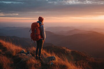 Obraz premium Solo traveler with hiking gear, admiring mountain view at sunrise, serene mood