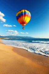 Colorful Hot Air Balloon Over Scenic Beach with Blue Sky Horizon
