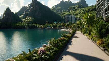Serene Pathway Along Tropical Lagoon with Lush Mountains Background