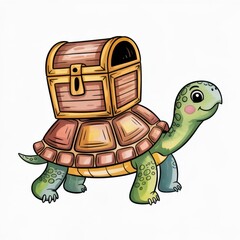 Charming Watercolor Illustration of a Turtle Carrying a Treasure Chest on Its Back in a Whimsical Style
