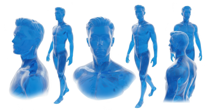 Rendered male human body in multiple views showing skeletal and muscular structure in front of a clean white background for medical or educational purposes