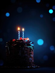 Delicious Chocolate Cake with Candles and Blue Bokeh Background