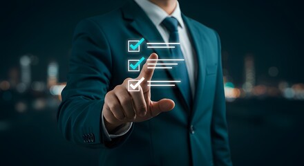 Businessman using virtual checklist on a touchscreen