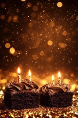 Delicious Chocolate Cupcakes with Candles and Sparkling Background