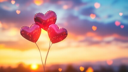 Colorful Heart Balloons Against a Beautiful Sunset Sky