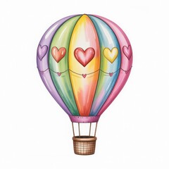 Colorful Watercolor Illustration of a Hot Air Balloon With Hearts Floating in a Serene Sky