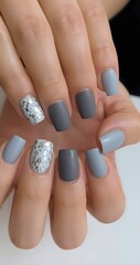 Bold and Artsy Square Fall Nail Art with Matte Pastel Blue and Deep Grey Base Featuring Silver Foil Polka Dot Accent – Ideal for Beauty Blogs, Nail Salons, Autumn Fashion Promotions, and Seasonal Soci