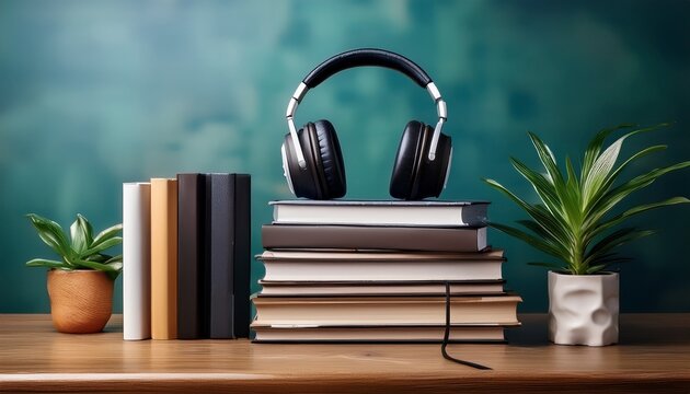 stacked books with headphones modern study space inspiration ideal for social media campaigns and learningfocused projects encourages concentration and productivity