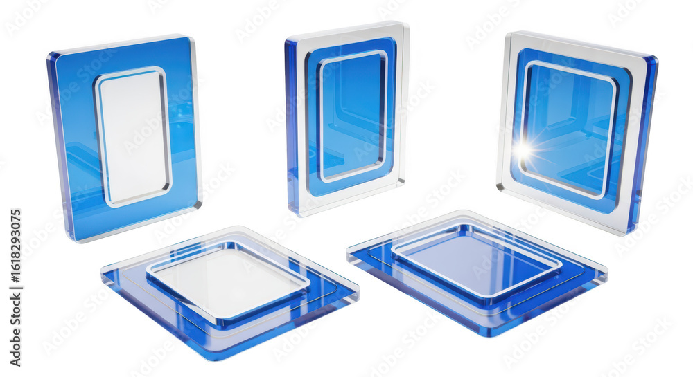 Aufkleber blue rectangular glass frames arranged in a studio setting showcasing architectural design and produ
