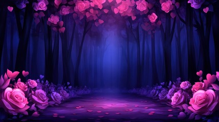 Enchanted Forest with Pink Roses and Heart Petals at Night