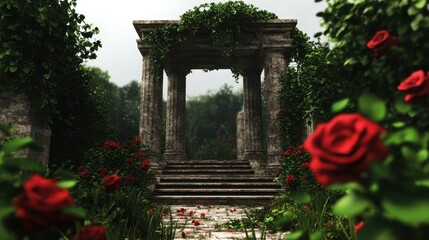 Ancient Ruins Surrounded by Lush Greenery and Red Roses