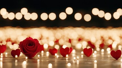 Romantic Red Rose Surrounded by Heart Shapes and Soft Lights