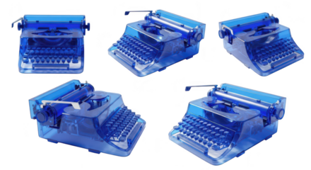 Multiple angles of a translucent blue typewriter on a white backdrop used for creative and conceptual visuals