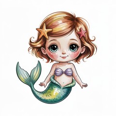 Charming Watercolor Illustration of a Playful Mermaid Child With a Cheerful Expression and Sea-Themed Accessories