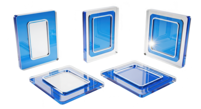 Blue rectangular glass frames arranged in a studio setting showcasing architectural design and product showcasing with a white background