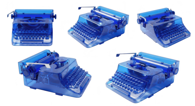 Multiple angles of a translucent blue typewriter on a white backdrop used for creative and conceptual visuals