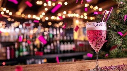 Festive Pink Cocktail with Confetti and Cozy Bar Atmosphere