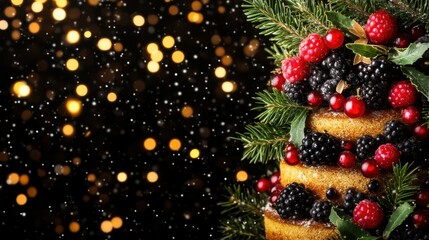 Festive Holiday Cake with Berries and Pine on Black Background