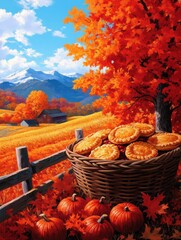 Autumn Harvest Scene with Pumpkin Pies and Vibrant Fall Foliage