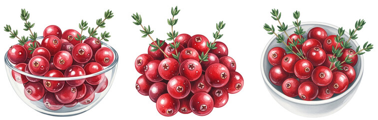 fresh red cranberries with green thyme sprigs in bowls and as a pile, watercolor collection