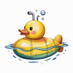 Cute Watercolor Illustration of a Yellow Duck-Shaped Submarine in Serene Waters