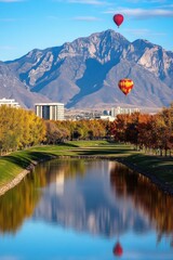 Vibrant Hot Air Balloons Over Scenic Mountain Landscape Reflection