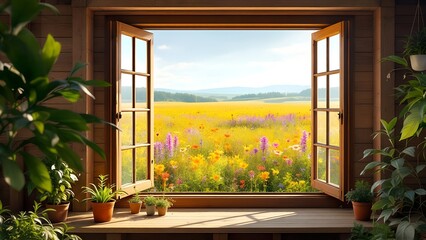 Open window overlooking beautiful blooming meadow in sunny day, Zoom Background