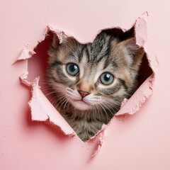 Curious Kitten Peeks Through Heart-Shaped Hole in Pink Wall Inviting Playful Interaction and Joy