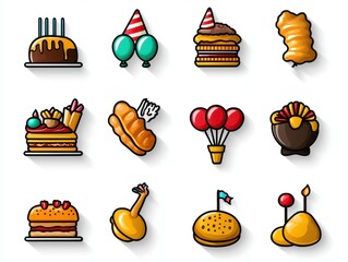 Colorful Food Icons for Celebrations and Festive Events