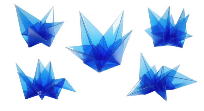 Five translucent blue geometric structures isolated on white surface with soft shadows created for abstract art and design purposes