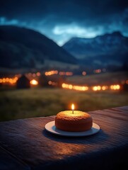 Peaceful Evening Scene with Cake and Candle in Mountain Landscape