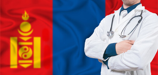 Mongolia healthcare concept. Male doctor on mongolia flag. Doctor with crossed arms on mongolia flag