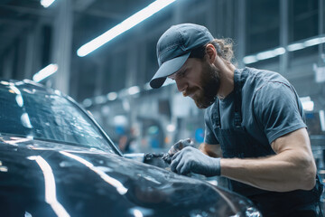 Auto mechanic working on car body in workshop, man wearing cap and gloves polishing vehicle surface with focused expression, professional car detailing service in garage
