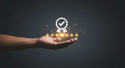 Customer Satisfaction and Quality Assurance Concept: Hand Holding Glowing Stars and Badge