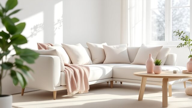 Modern living room interior with comfortable white sofa and wooden furniture, Zoom Background