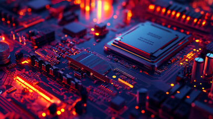 Fototapeta premium Detailed Circuit Board with Red and Blue Lighting Technology Concept