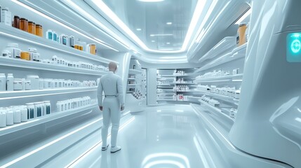 Obraz premium Sterile white pharmacy interior, figure facing shelves of vials and jars